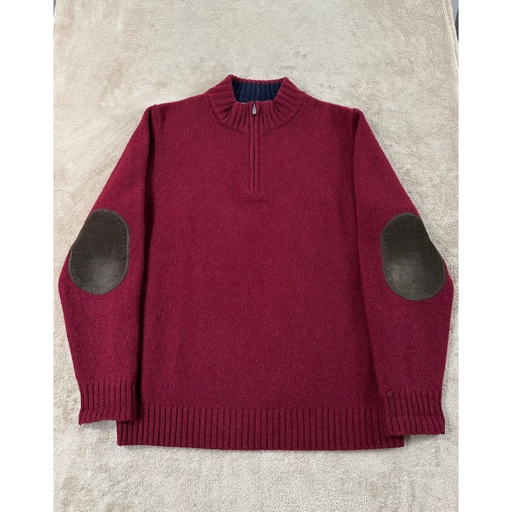 LL Bean Shetland Wool 1/4 Zip Sweater Men M Red Elbow Corduroy Patches
